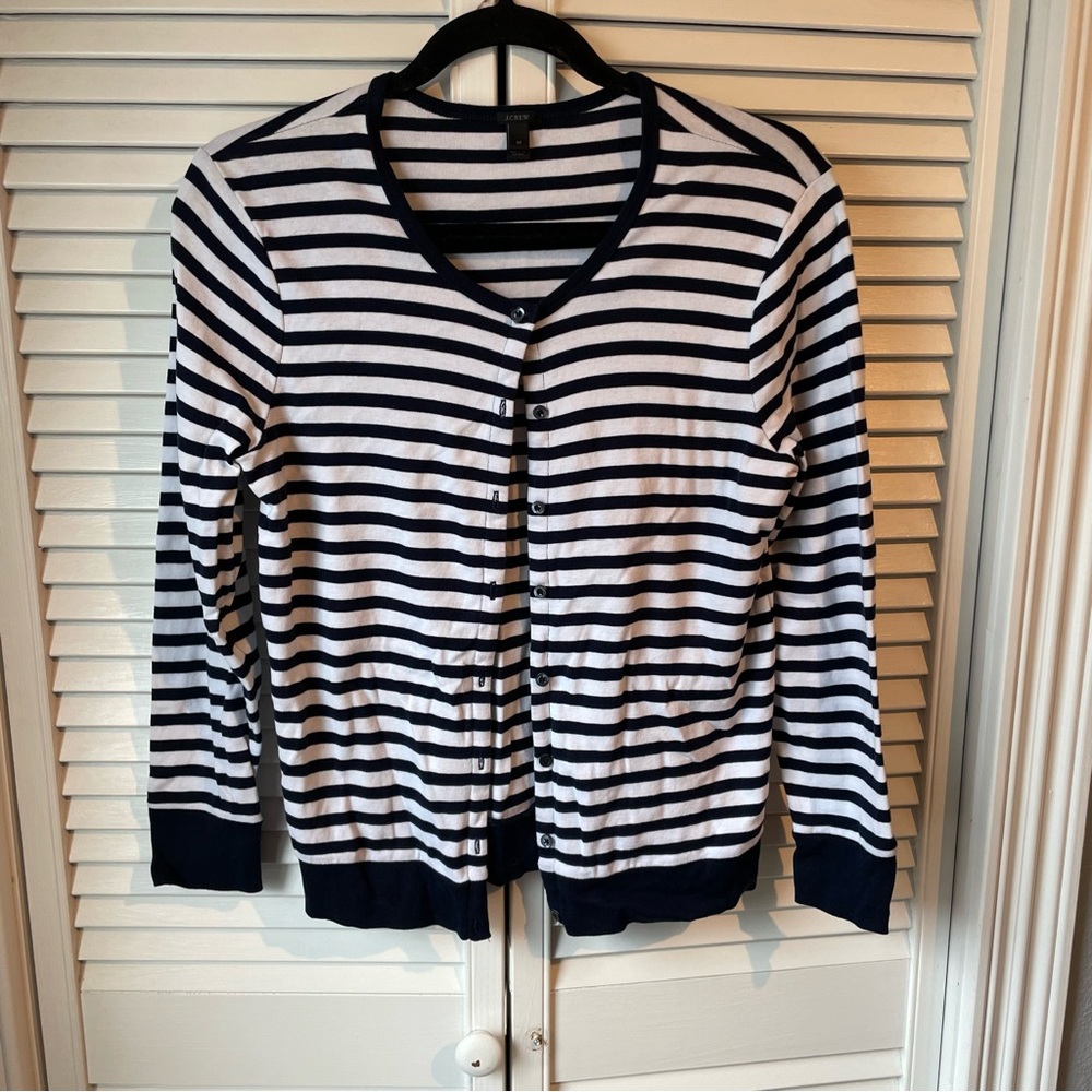 J. Crew Classic Navy Stripe Cardigan